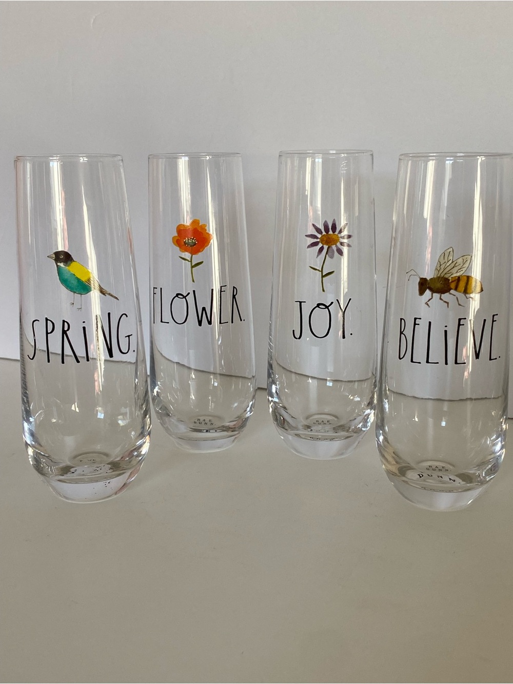 RAE DUNN Stemless Champagne Glasses Spring Bird Flower Bee Set Of 4 EUC 6.25”